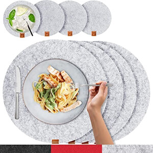 Set de table gris chiné avec application cuir en polyester 8 pièces 37 cm
